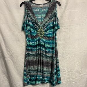 VENUS Teal and Gray Patterned Dress